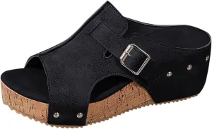 SuanlaTDS Women's Wedge Sandals Dressy Platform Open Toe Summer Slip-on Slides Slippers 2025 Casual Comfortable Retro Sexy High Heels Wedges Slide Sandal Mules for Work Party Wedding