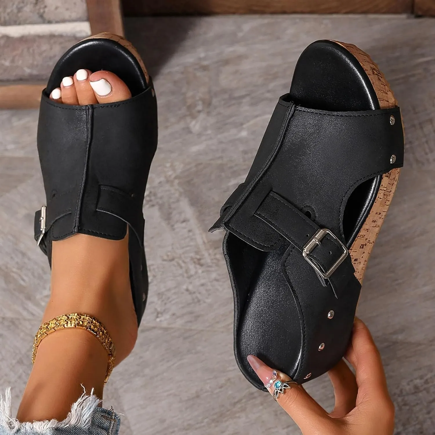 SuanlaTDS Women's Wedge Sandals Dressy Platform Open Toe Summer Slip-on Slides Slippers 2025 Casual Comfortable Retro Sexy High Heels Wedges Slide Sandal Mules for Work Party Wedding