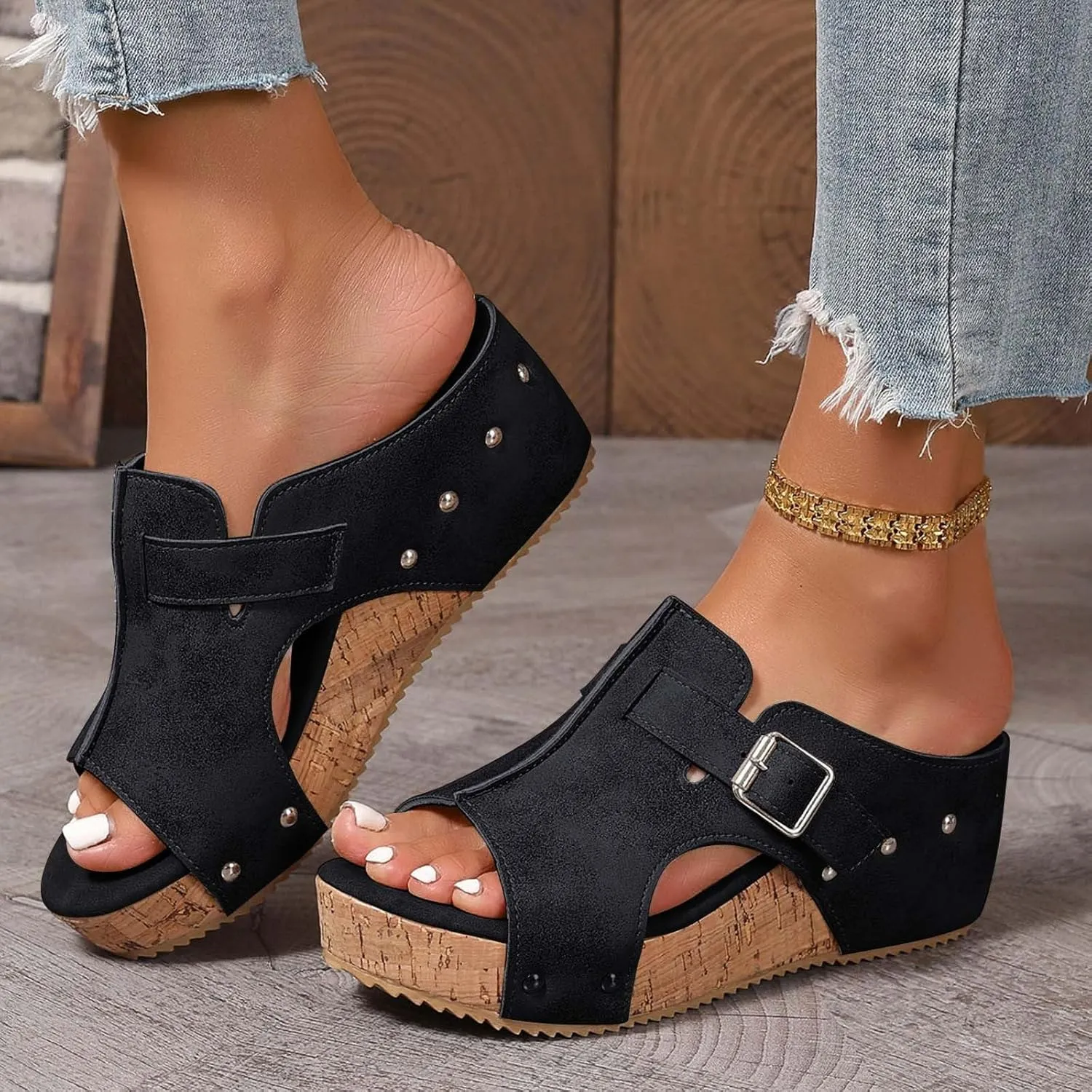 SuanlaTDS Women's Wedge Sandals Dressy Platform Open Toe Summer Slip-on Slides Slippers 2025 Casual Comfortable Retro Sexy High Heels Wedges Slide Sandal Mules for Work Party Wedding