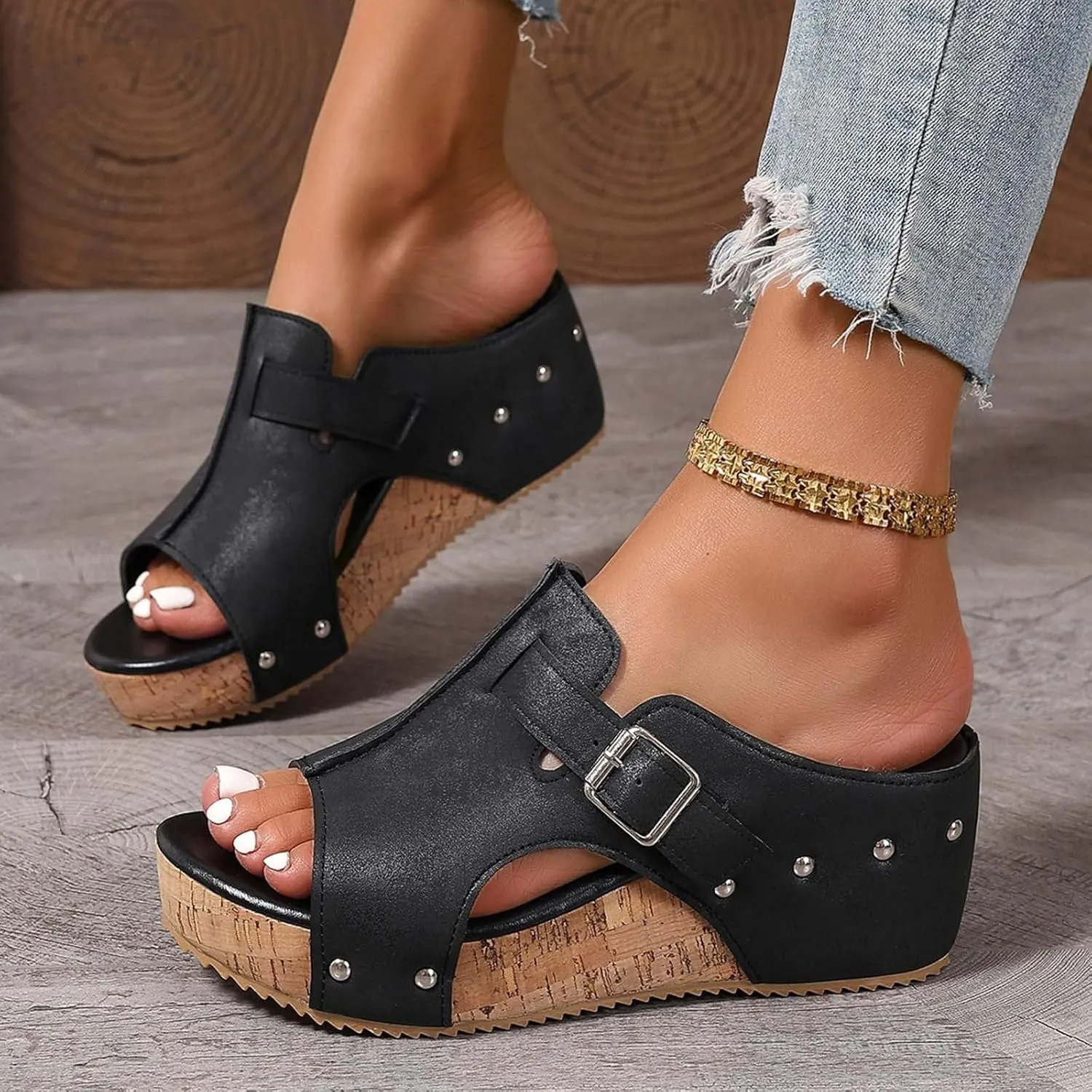 SuanlaTDS Women's Wedge Sandals Dressy Platform Open Toe Summer Slip-on Slides Slippers 2025 Casual Comfortable Retro Sexy High Heels Wedges Slide Sandal Mules for Work Party Wedding