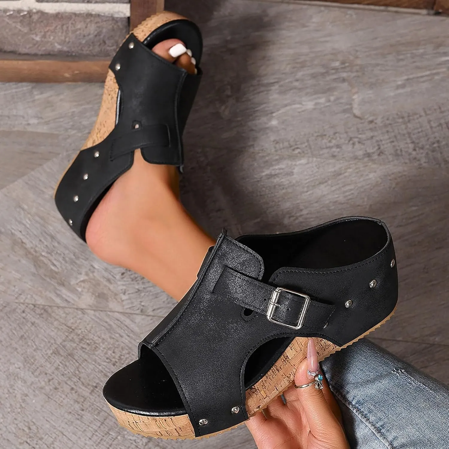 SuanlaTDS Women's Wedge Sandals Dressy Platform Open Toe Summer Slip-on Slides Slippers 2025 Casual Comfortable Retro Sexy High Heels Wedges Slide Sandal Mules for Work Party Wedding