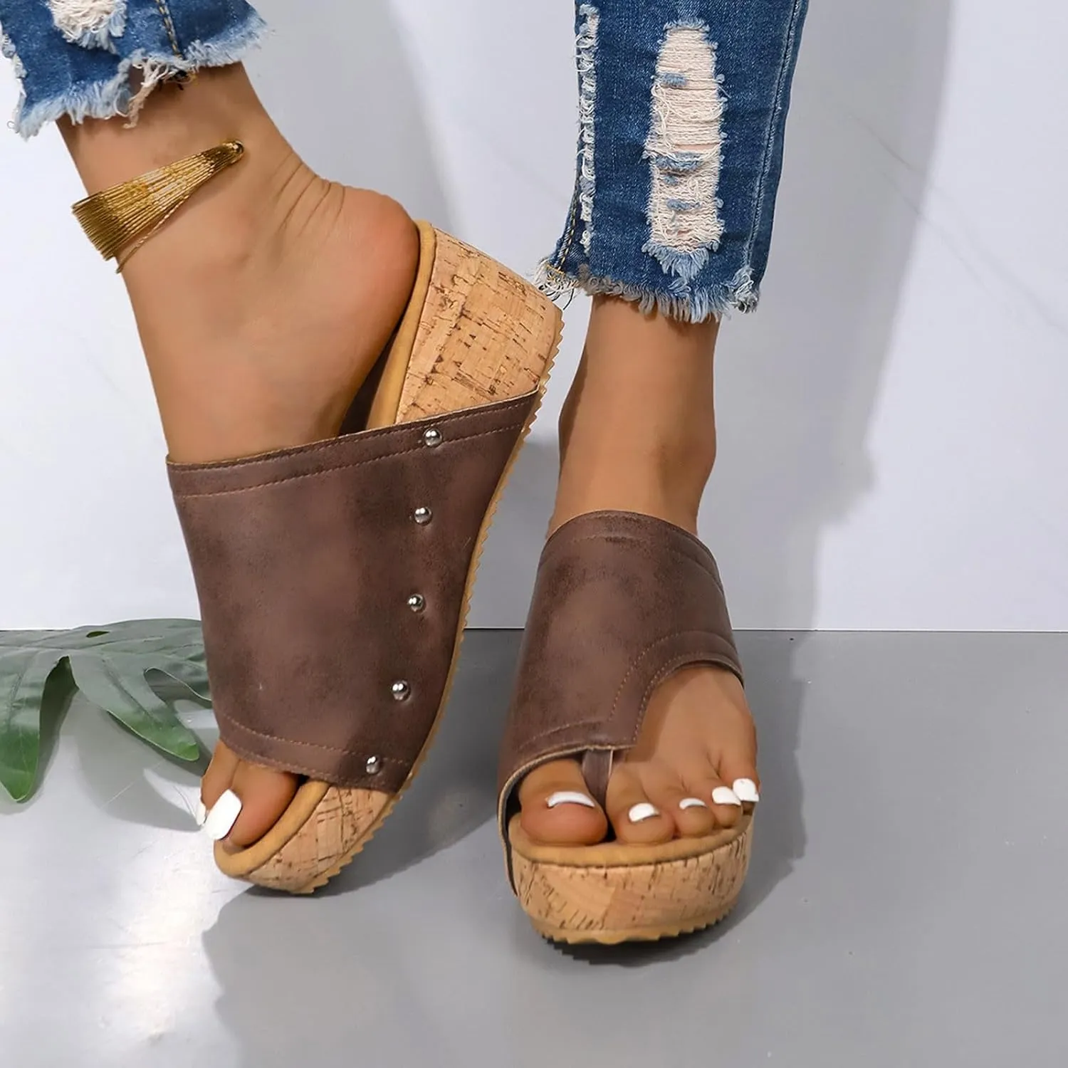 SuanlaTDS Women's Wedge Sandals Platform Flip Flops 2025 Comfortable Toe Ring Thick Sole Slip-on Slides Slippers Mules Beach Summer Outdoor Elegant Wedges High Heels Sandal for Party Prom