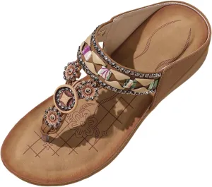 SuanlaTDS Women's Wedge Sandals Platform Flip Flops Comfortable T-Strap Open Toe Thong Slip On Slides wuth Arch Support Casual Summer Beach Bohemian Low Heels Wedges Outdoor Slippers