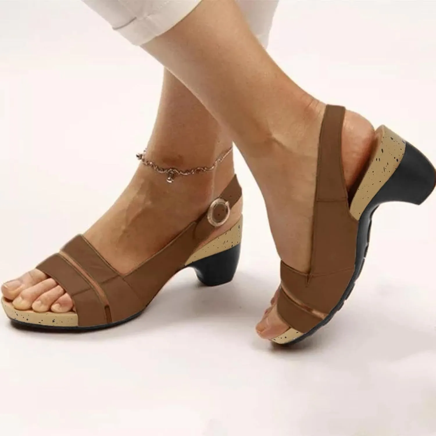 Summer High Heel Sandals Vintage Classic Breathable Lightweight Waterproof Sandal Comfortable Open Toe Non-slip Chunky Heel With Buckle Shoes Wedding Vocation Walking Outdoor Party Shoes