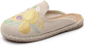 Summer Slippers for Women, Embroidered Shoes Women's, Chinese Floral Embroidery Slippers, Backless Mules Comfortable Flats Round Loafers Chinese Style Canvas Slippers Cute Sandals
