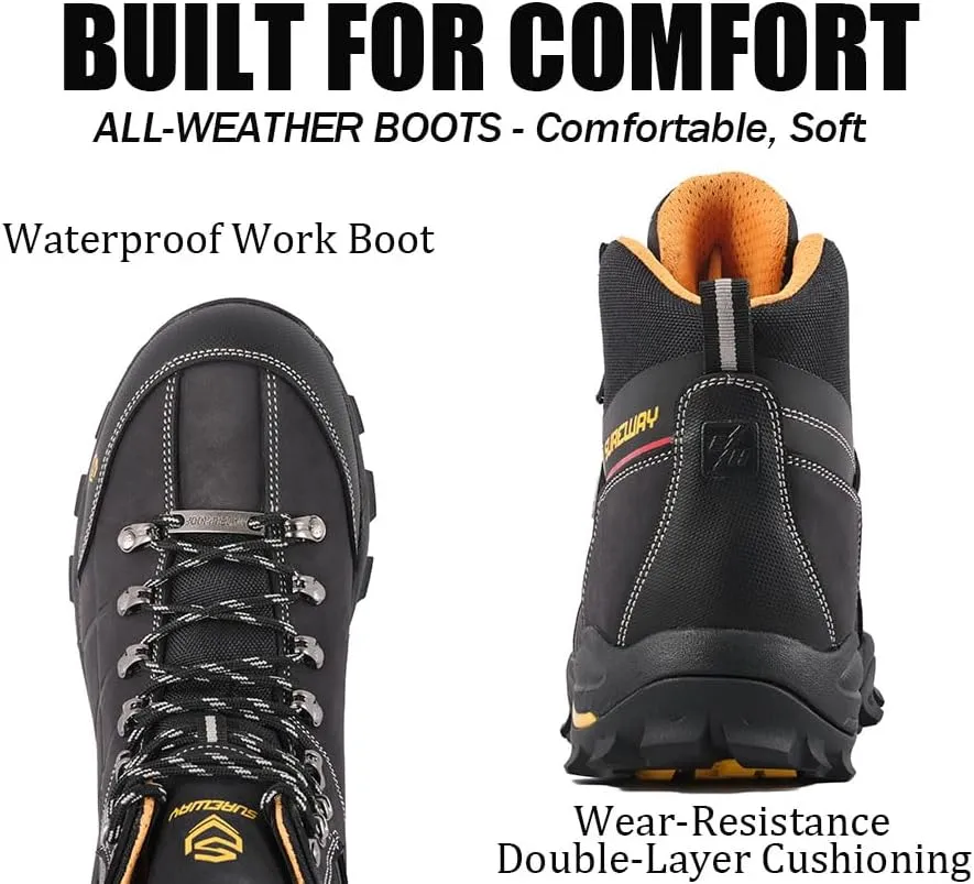 SUREWAY Men's 6" Soft/Steel Toe Heavy Duty Waterproof Work Boot,Roofing,Hunting,Leather,Lace Up,EH Construction Industrial Ankle Safety Men Work Boots,Slip Resistant Comfortable Outsole