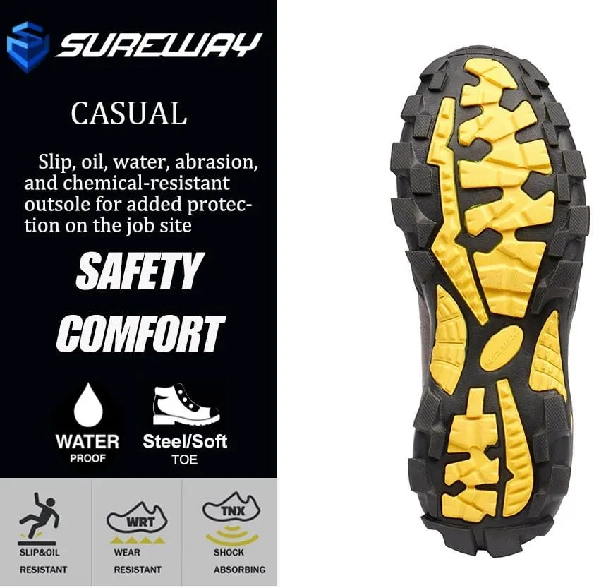 SUREWAY Men's 6" Soft/Steel Toe Heavy Duty Waterproof Work Boot,Roofing,Hunting,Leather,Lace Up,EH Construction Industrial Ankle Safety Men Work Boots,Slip Resistant Comfortable Outsole