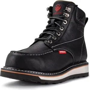 SUREWAY Mens Heavy Duty Soft/Composite/Steel Toe Work Boots for Men-Comfortable,Goodyear Welt,Full Grain Leather,6 in Wedge Moc Toe Construction Boots/Shoes,Soft Toe White Sole,Size 7.5