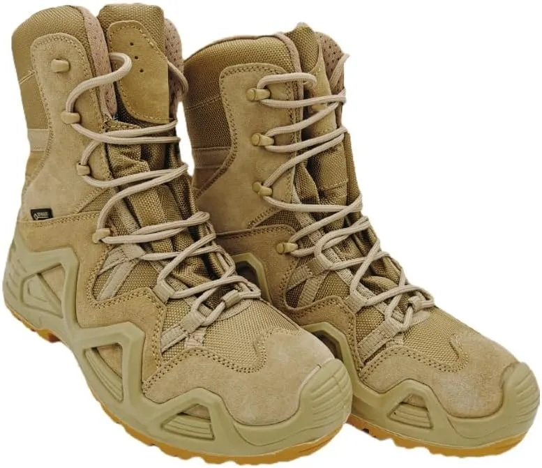 Tactical combat boots, hiking boots, work boots with military grade high top straps, available in desert brown, olive green, and black