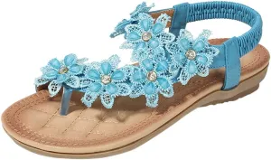 Thong Sandals for Women Beach,Bohemia Floral Flat Sandals T-Strap Summer Beach Glitter Beaded Elastic Flip-Flop Thong Shoes