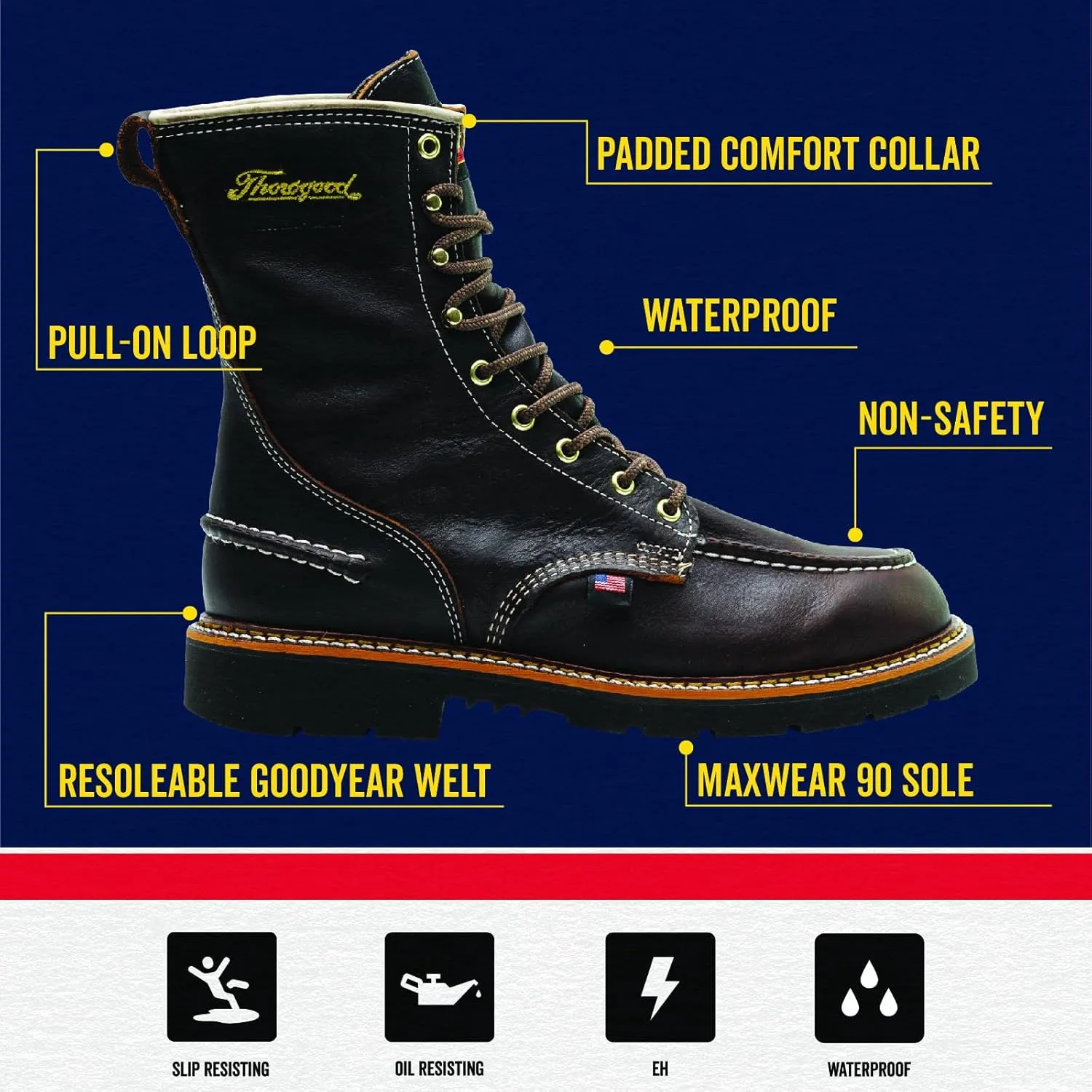 Thorogood 1957 Flyway 8” Waterproof Moc Toe Hunting Boots for Men - Full-Grain Leather with Slip-Resistant Heel Outsole and Shock-Absorbing Footbed