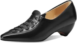 TinaCus Women's Genuine Leather Weave Pointed Toe Handmade Comfortable Slip On Loafers Pumps