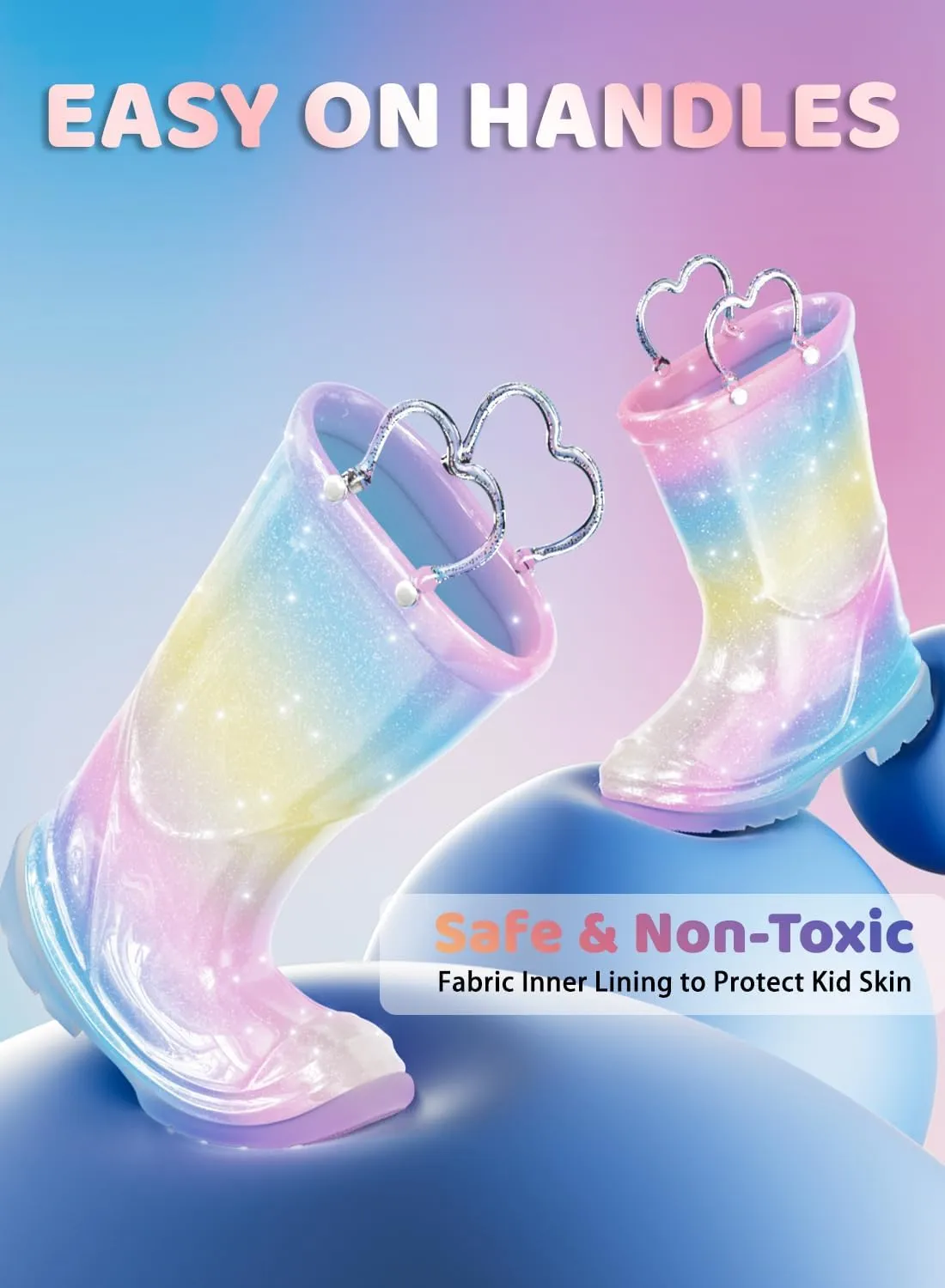 Toddler Rain Boots Girls Rain Boots - Glitter Light Up Kids Rain Boots with Easy-On Handles Lightwight Waterproof Rain Shoes(Toddler/Little/Big kids)