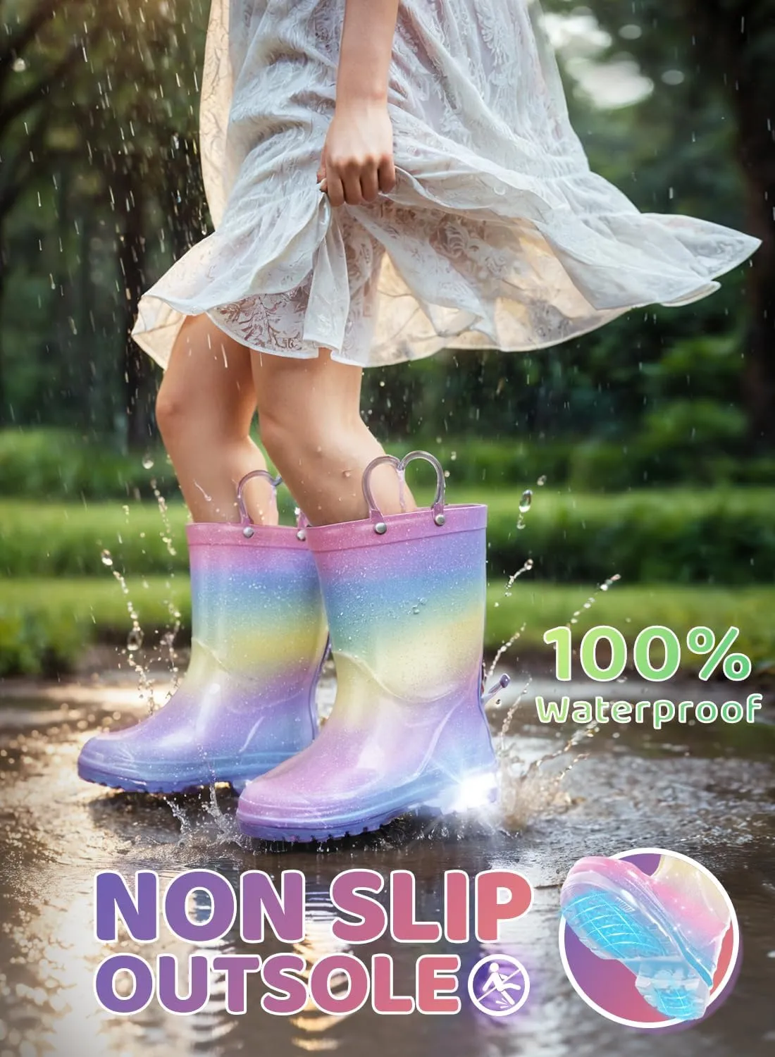 Toddler Rain Boots Girls Rain Boots - Glitter Light Up Kids Rain Boots with Easy-On Handles Lightwight Waterproof Rain Shoes(Toddler/Little/Big kids)