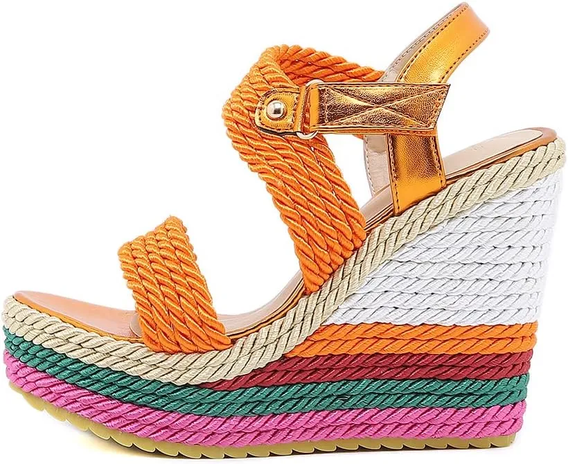 Tscoyuki Women's Braided Silk Ribbon Wedges Sandals, Platform Open Toe Buckle Ankle Strap Summer High Wedge Heels Shoes