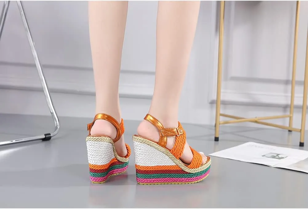 Tscoyuki Women's Braided Silk Ribbon Wedges Sandals, Platform Open Toe Buckle Ankle Strap Summer High Wedge Heels Shoes