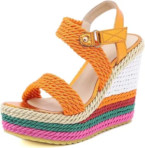 Tscoyuki Women's Braided Silk Ribbon Wedges Sandals, Platform Open Toe Buckle Ankle Strap Summer High Wedge Heels Shoes