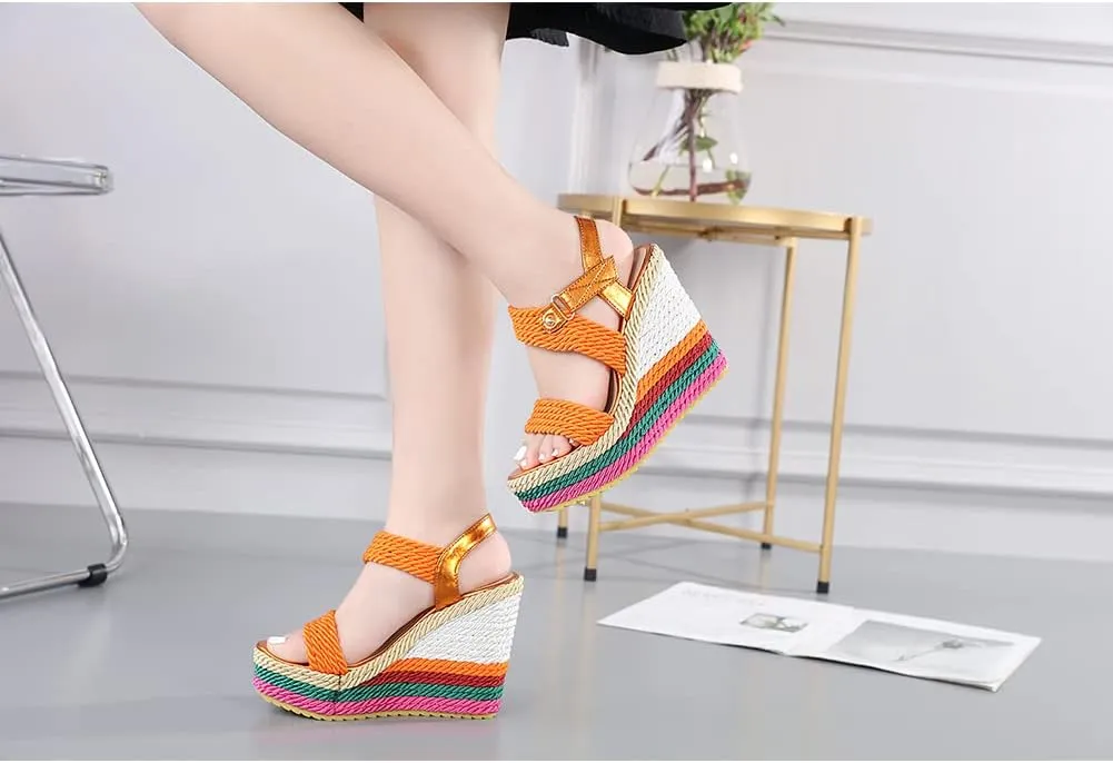 Tscoyuki Women's Braided Silk Ribbon Wedges Sandals, Platform Open Toe Buckle Ankle Strap Summer High Wedge Heels Shoes