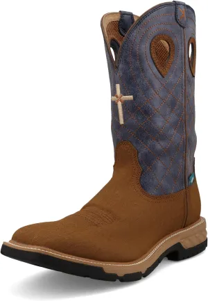 Twisted X Men's 12" Western Work Boot, Square Toe with CellStretch, Clay & Peacock, 7 D