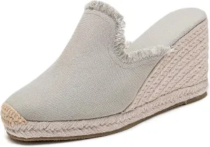 U-lite Peep Toe Platform Wedge Sandals for Women, Breathable Ankle-Tie Microfiber Leather Insole Espadrilles Shoes Grey 9