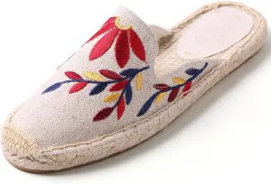 U-lite Women's Stylish Embroidery Leaf Flat Espadrilles Beige Colorful Leaf5