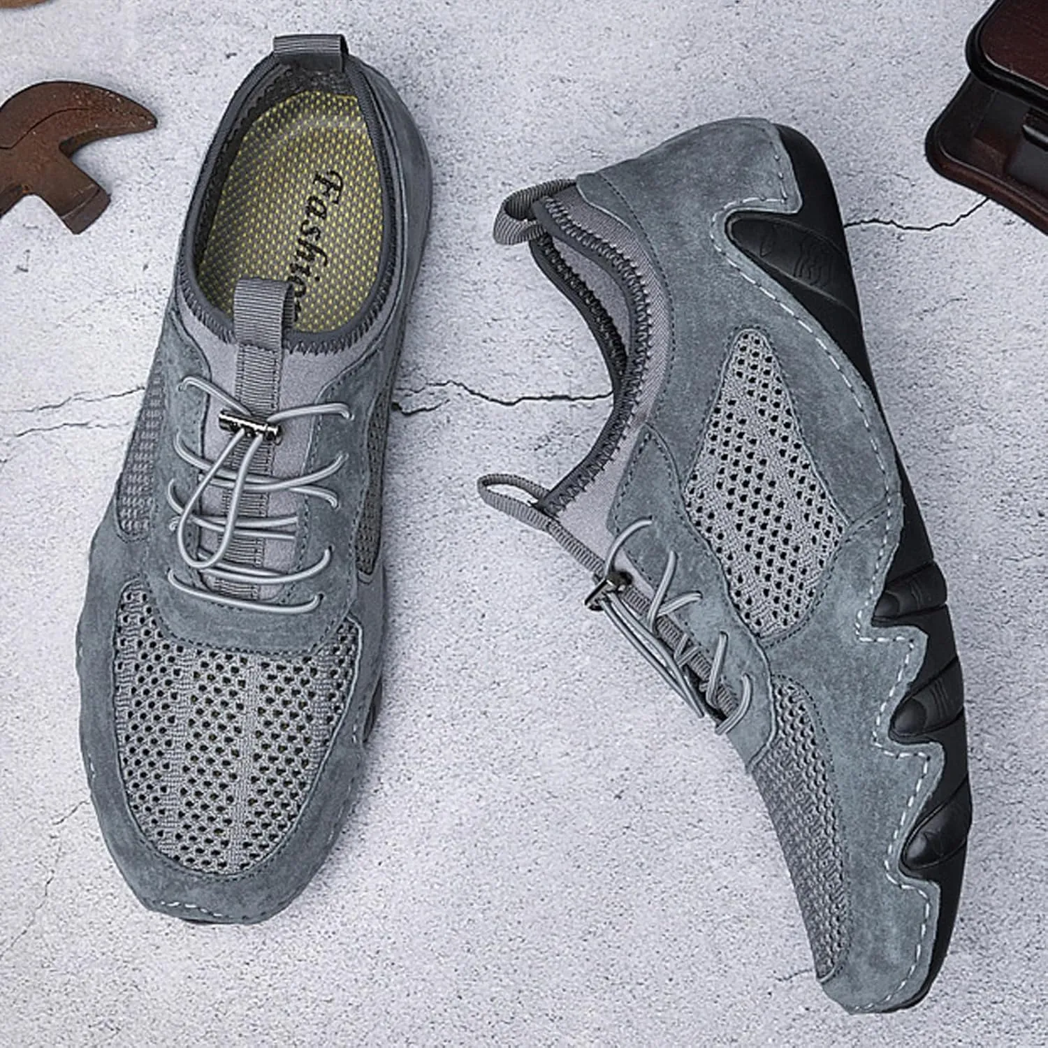 URLECHS Men's Leather Breathable Mesh Loafers,Lightweight Comfortable Slip On Outdoor Casual Shoes Hand Stitched Fashion Sneakers Flat Driving Shoes