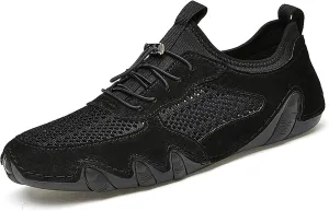 URLECHS Men's Leather Breathable Mesh Loafers,Lightweight Comfortable Slip On Outdoor Casual Shoes Hand Stitched Fashion Sneakers Flat Driving Shoes