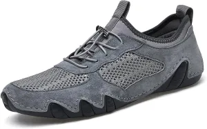 URLECHS Men's Leather Breathable Mesh Loafers,Lightweight Comfortable Slip On Outdoor Casual Shoes Hand Stitched Fashion Sneakers Flat Driving Shoes