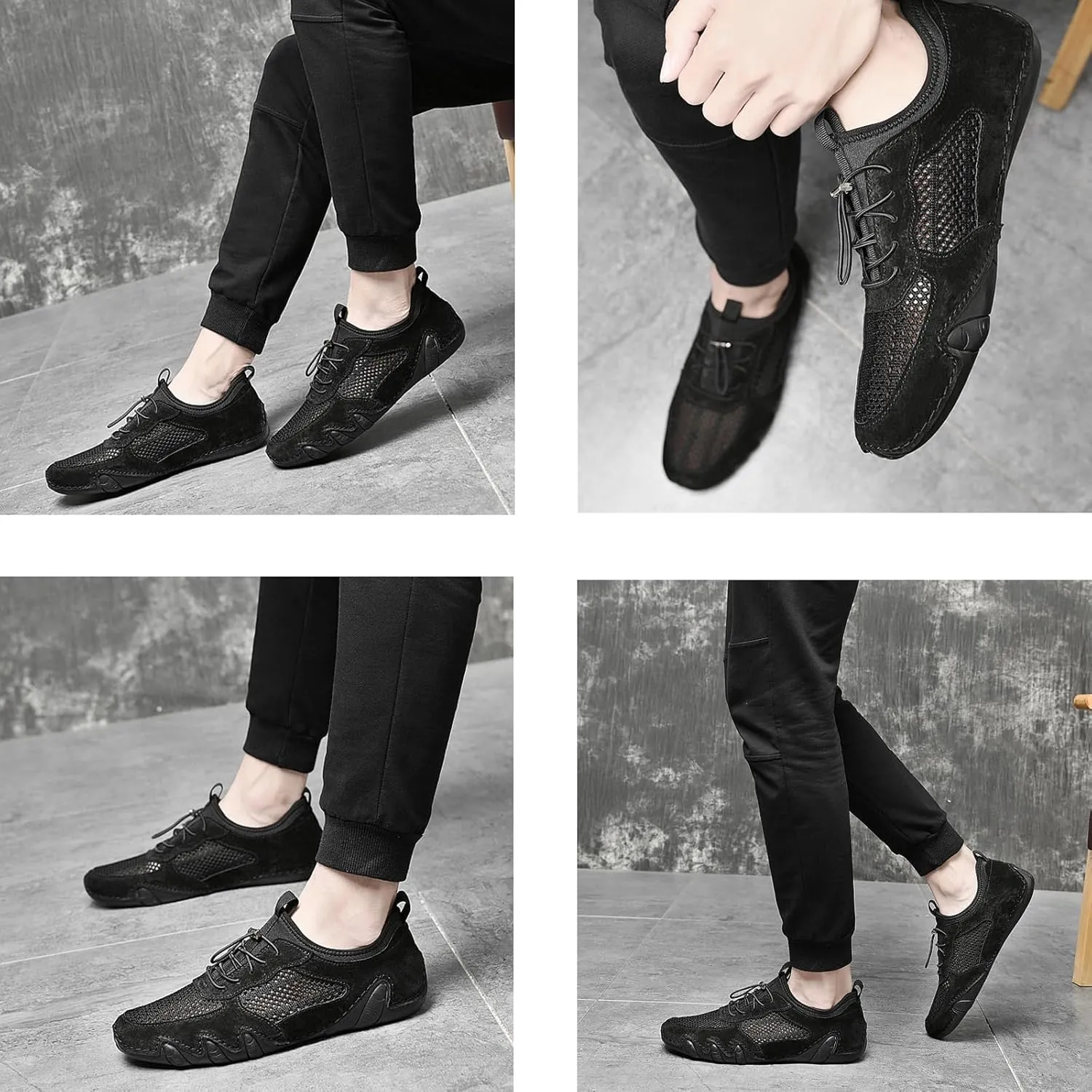 URLECHS Men's Leather Breathable Mesh Loafers,Lightweight Comfortable Slip On Outdoor Casual Shoes Hand Stitched Fashion Sneakers Flat Driving Shoes
