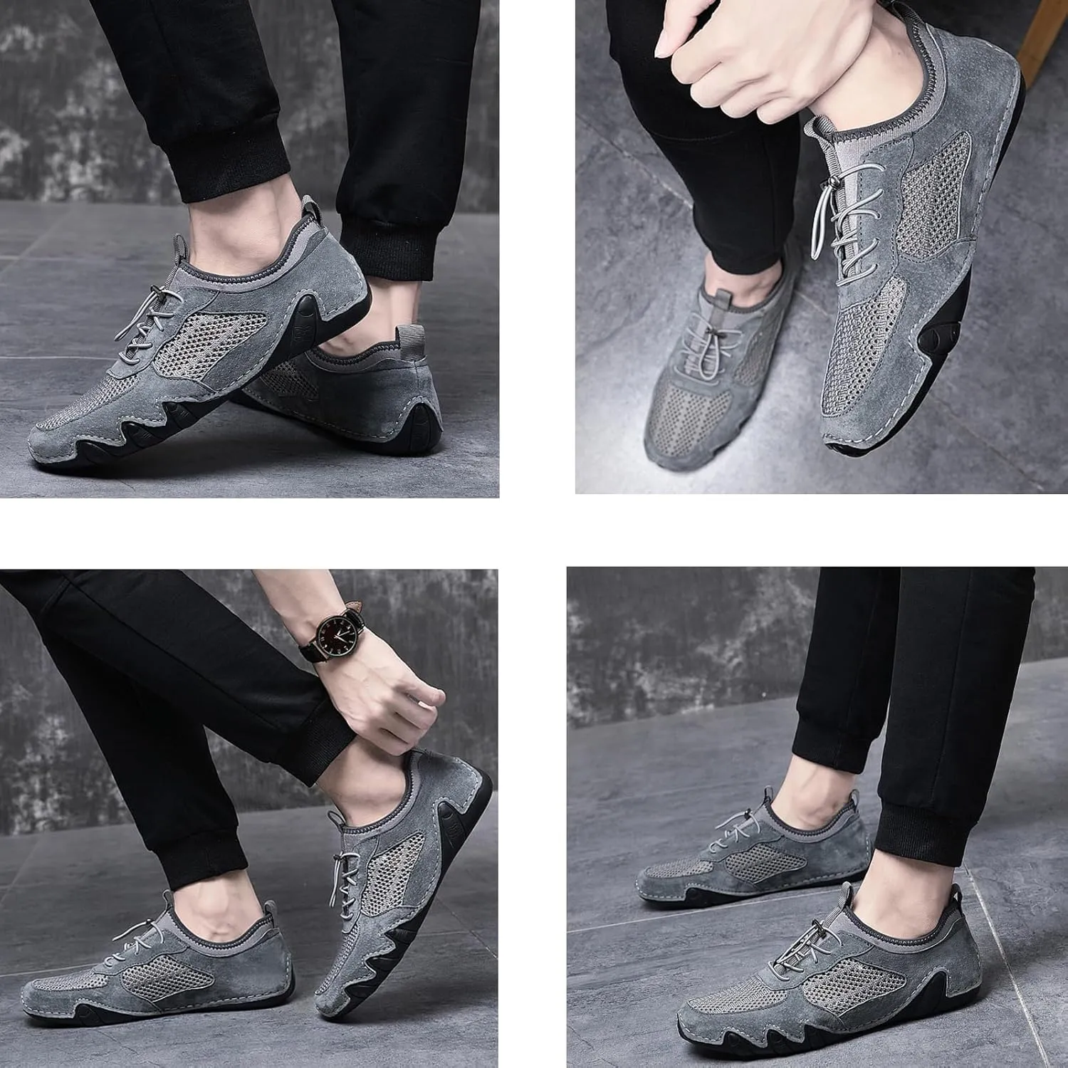 URLECHS Men's Leather Breathable Mesh Loafers,Lightweight Comfortable Slip On Outdoor Casual Shoes Hand Stitched Fashion Sneakers Flat Driving Shoes