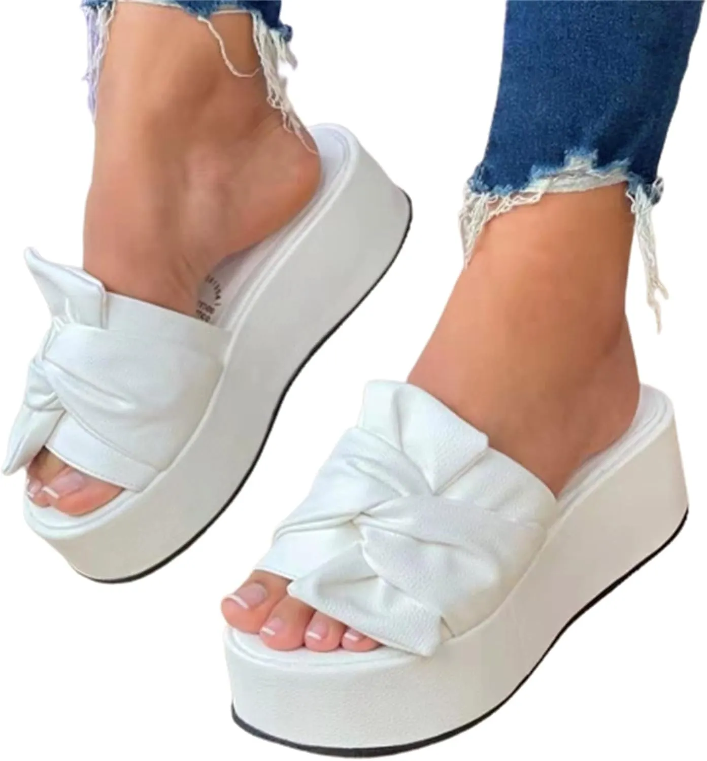 VALINK Sandals for Women Flat, Boho Platform Slippers Beach Shoes Pu Summer Slide Shoes Solid Color Anti-slip Bow Solid Color Sandals