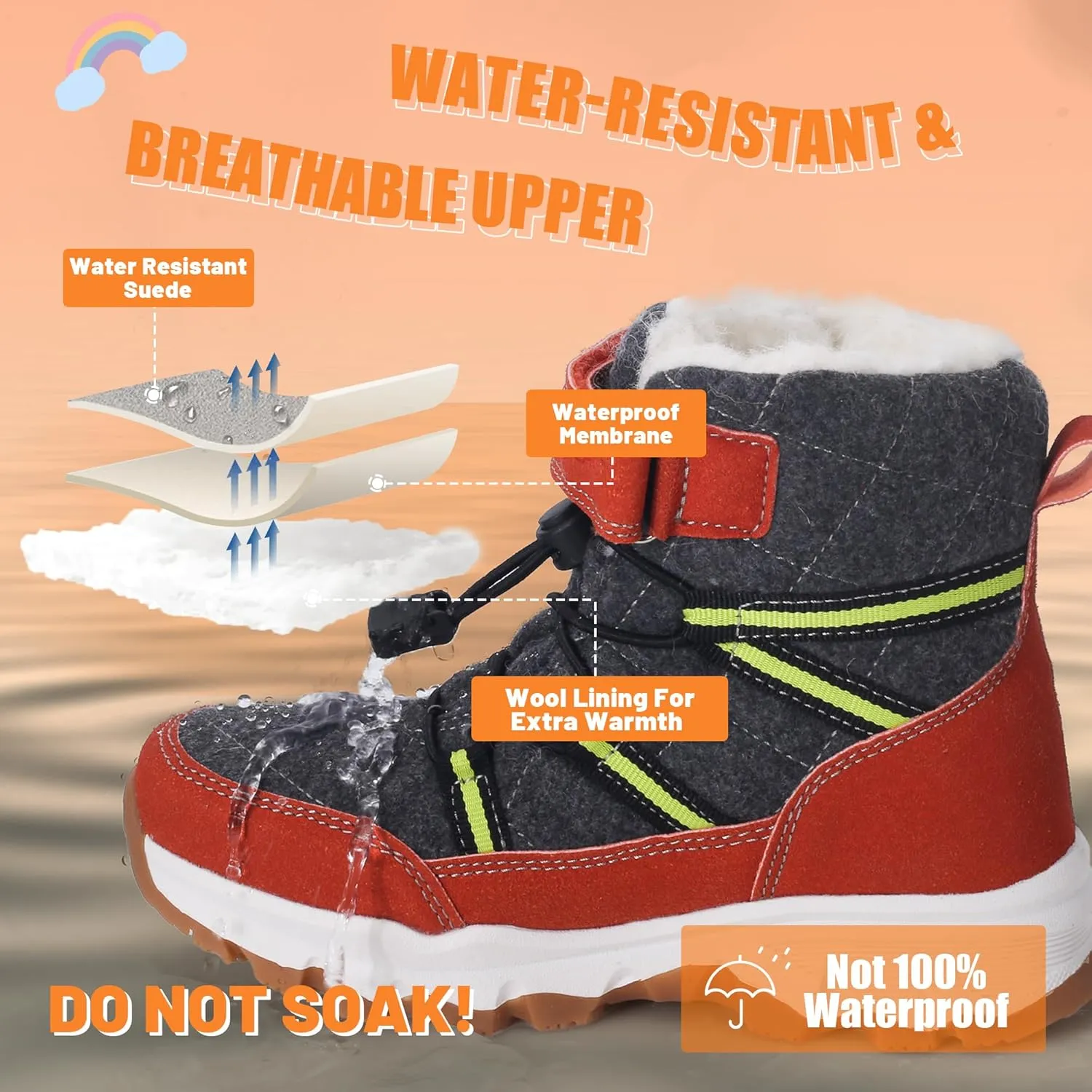 visionreast Boys Girls Wool Lining Snow Boots Winter Walking Boots for Kids Non Slip Unisex-Child Cold Weather Shoes Outdoor Boots