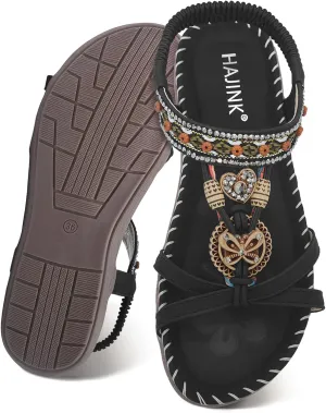 Walking Sandals Women Comfort Dressy Womens Flat Sandals Non Slip On Bohemian Summer Beach Shoes With Elastic Ankle Strap