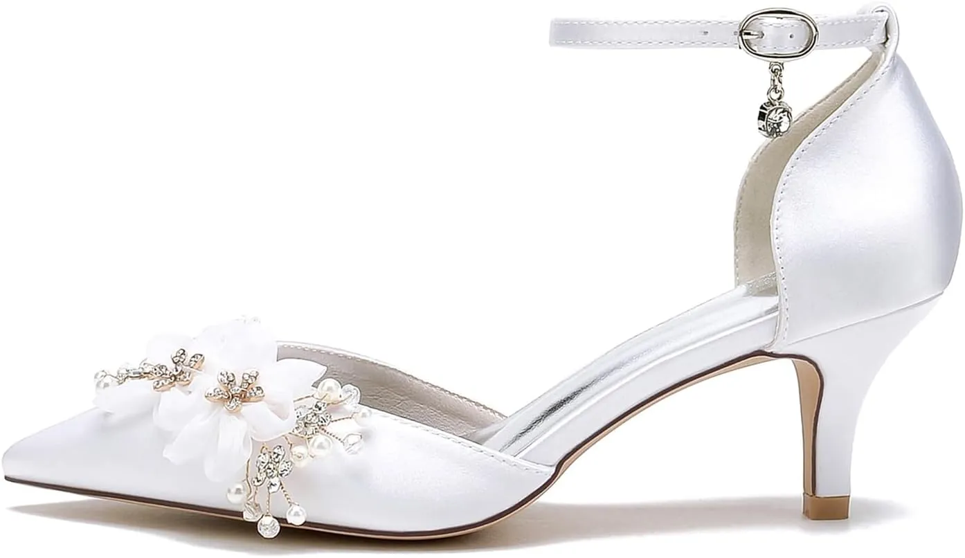 Wedding Bridal Shoes, Pumps Heels with Strap Comfortable Satin Pointed Toe Stiletto Heels Sandals with Rhinestone Petals for Parties, Banquets