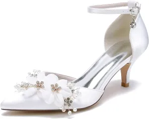 Wedding Bridal Shoes, Pumps Heels with Strap Comfortable Satin Pointed Toe Stiletto Heels Sandals with Rhinestone Petals for Parties, Banquets
