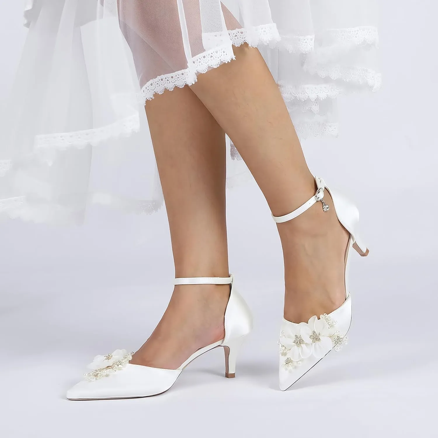 Wedding Bridal Shoes, Pumps Heels with Strap Comfortable Satin Pointed Toe Stiletto Heels Sandals with Rhinestone Petals for Parties, Banquets