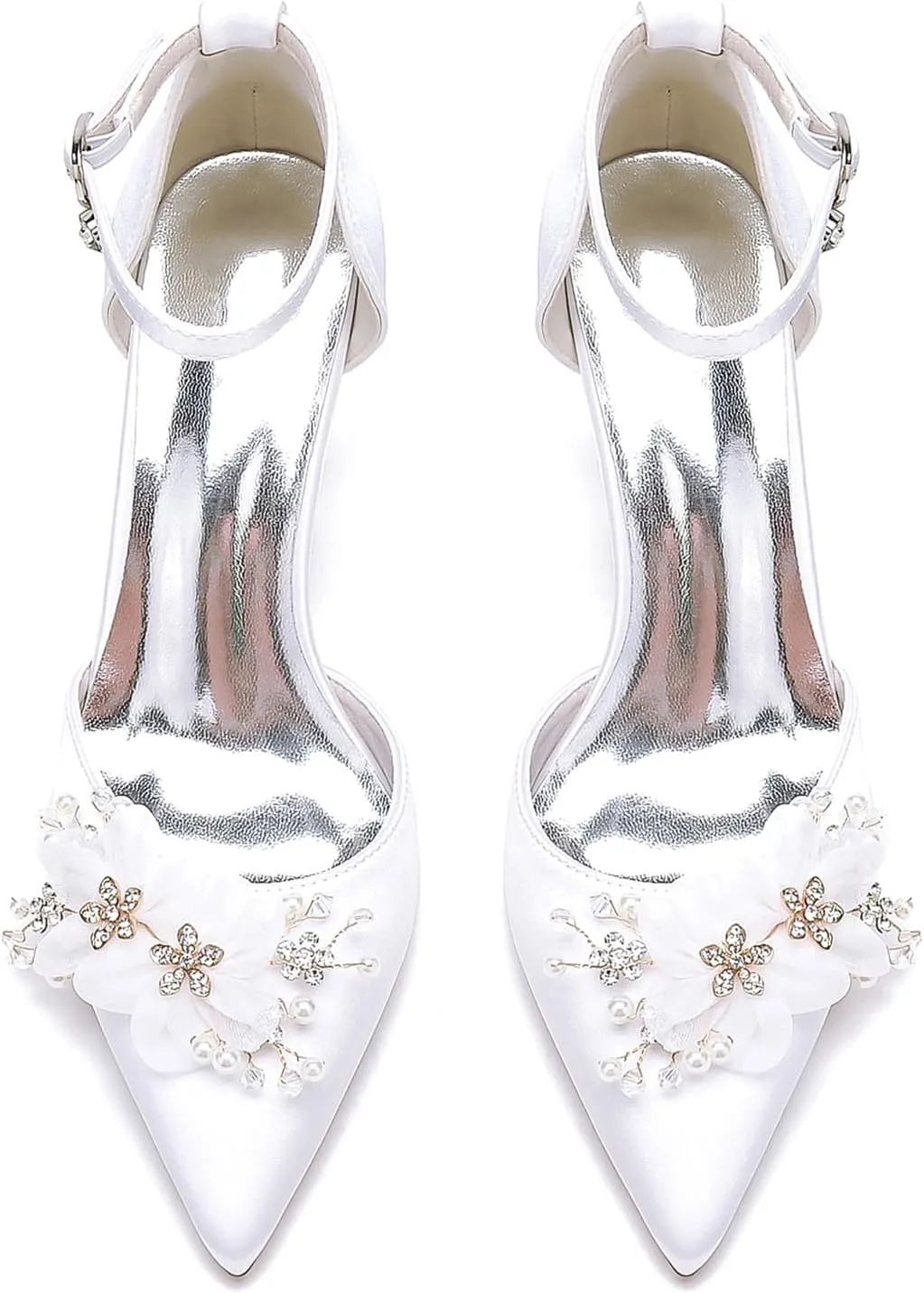 Wedding Bridal Shoes, Pumps Heels with Strap Comfortable Satin Pointed Toe Stiletto Heels Sandals with Rhinestone Petals for Parties, Banquets