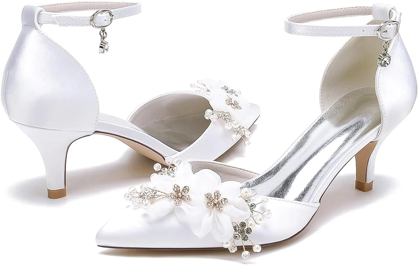 Wedding Bridal Shoes, Pumps Heels with Strap Comfortable Satin Pointed Toe Stiletto Heels Sandals with Rhinestone Petals for Parties, Banquets