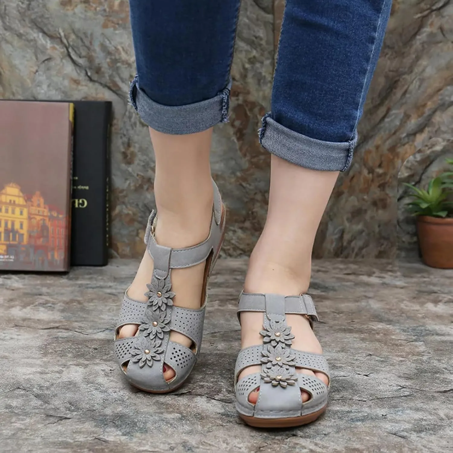 Wedge Sandals for Women Closed Toe Comfortable with Massage Function Outdoor Platform Orthotic Slippers Arch Support Shoes Orthopedic Dressy Summer Buckle Ankle Strap Espadrilles