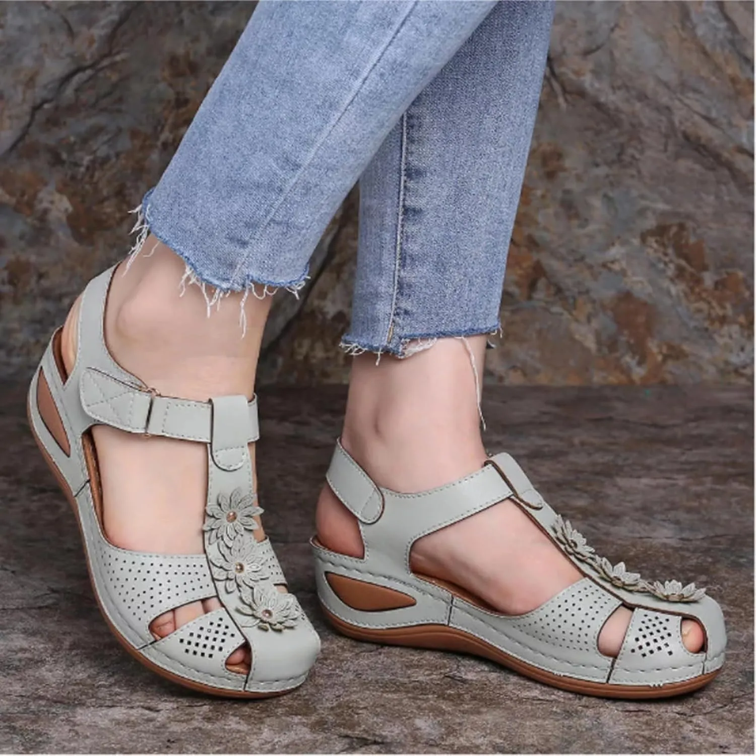 Wedge Sandals for Women Closed Toe Comfortable with Massage Function Outdoor Platform Orthotic Slippers Arch Support Shoes Orthopedic Dressy Summer Buckle Ankle Strap Espadrilles