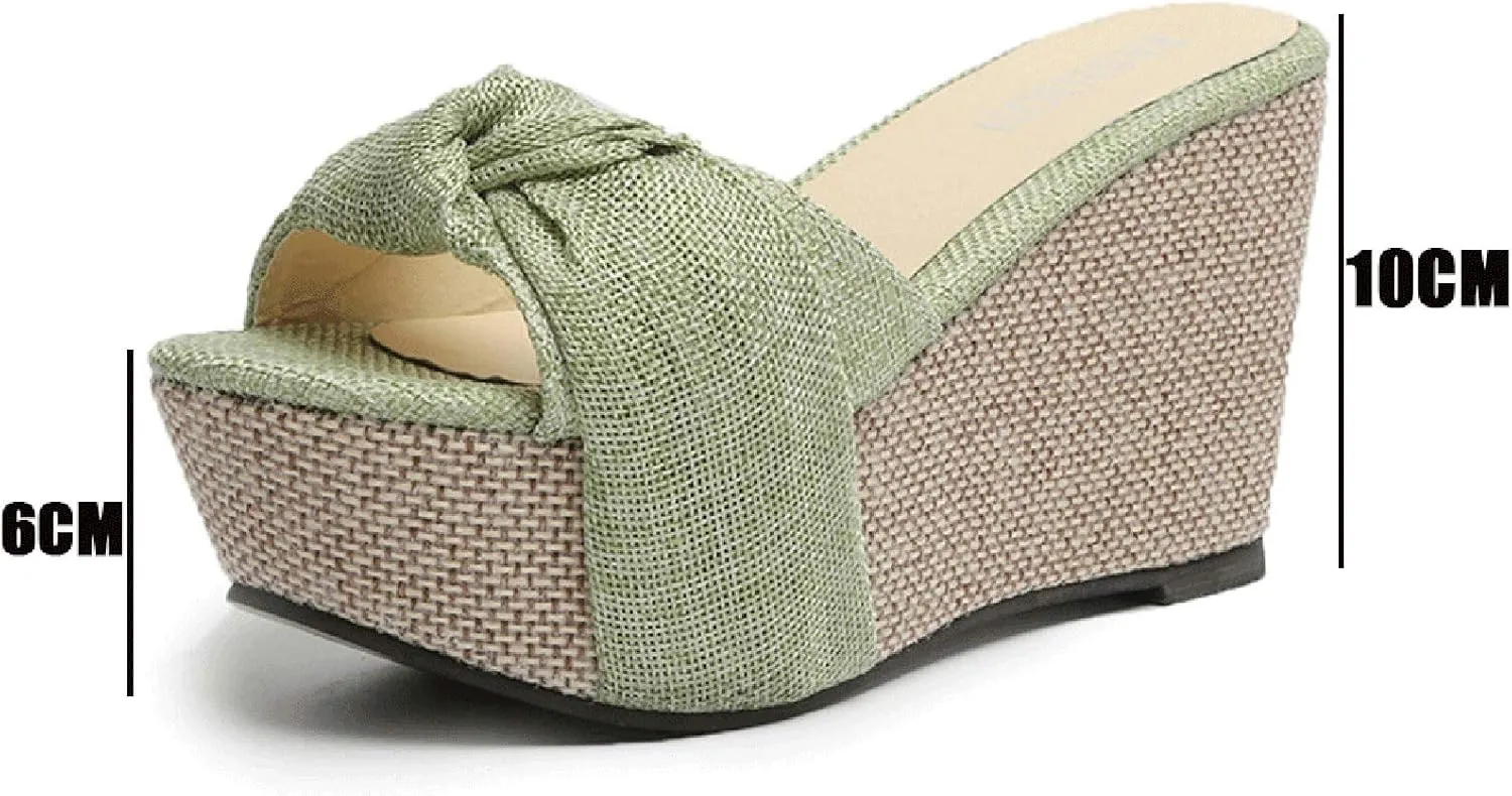 Wedge Sandals for Women Espadrilles Summer Open Toe Platform Sandals Ladies Bow Slip on Slides Slippers Mule Clogs Comfy Beach Shoes,Black,US7/EU38