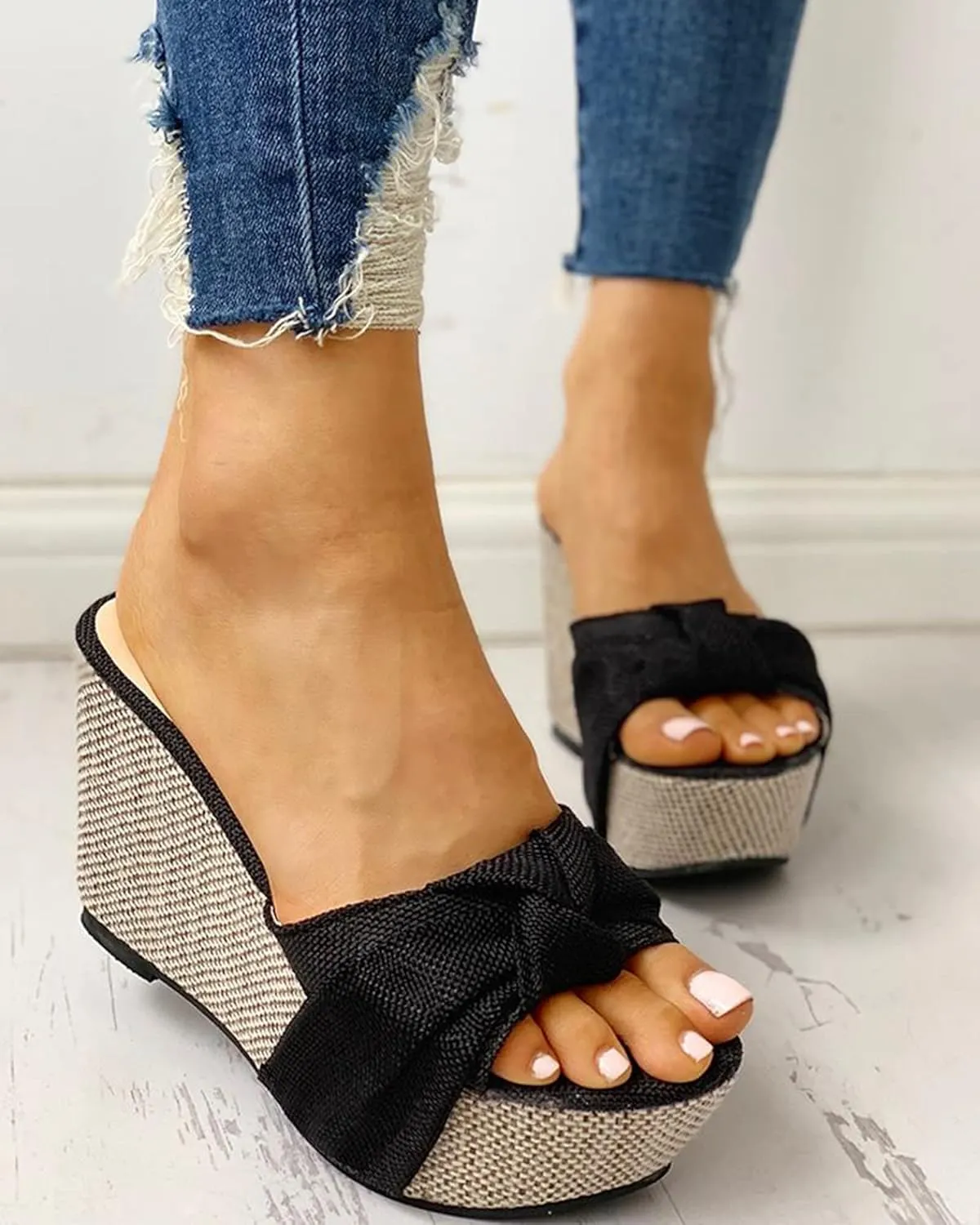 Wedge Sandals for Women Espadrilles Summer Open Toe Platform Sandals Ladies Bow Slip on Slides Slippers Mule Clogs Comfy Beach Shoes,Black,US7/EU38