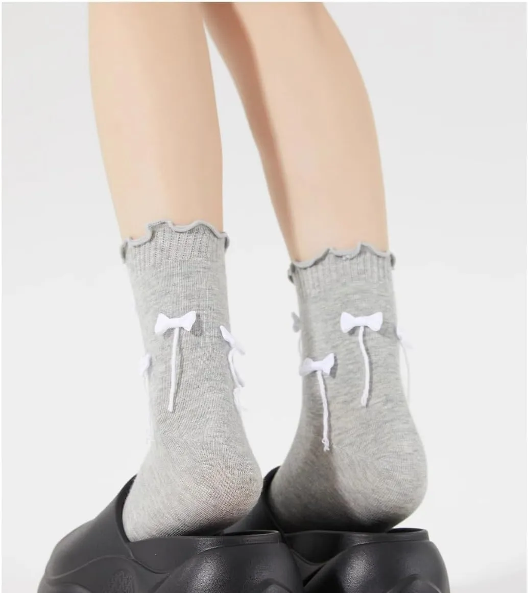 White Bow Crew Socks Women - MIU Style Spring, Summer Cotton Lace Cute 2PAIRS