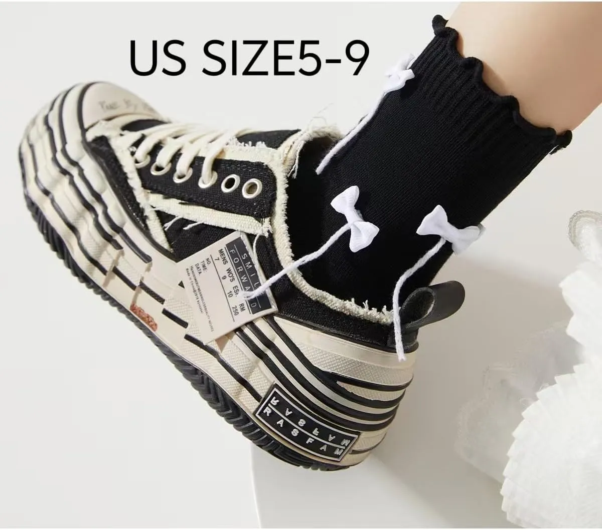 White Bow Crew Socks Women - MIU Style Spring, Summer Cotton Lace Cute 2PAIRS