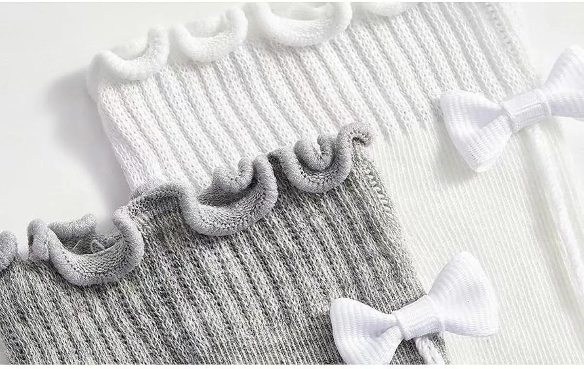 White Bow Crew Socks Women - MIU Style Spring, Summer Cotton Lace Cute 2PAIRS