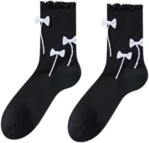 White Bow Crew Socks Women - MIU Style Spring, Summer Cotton Lace Cute 2PAIRS