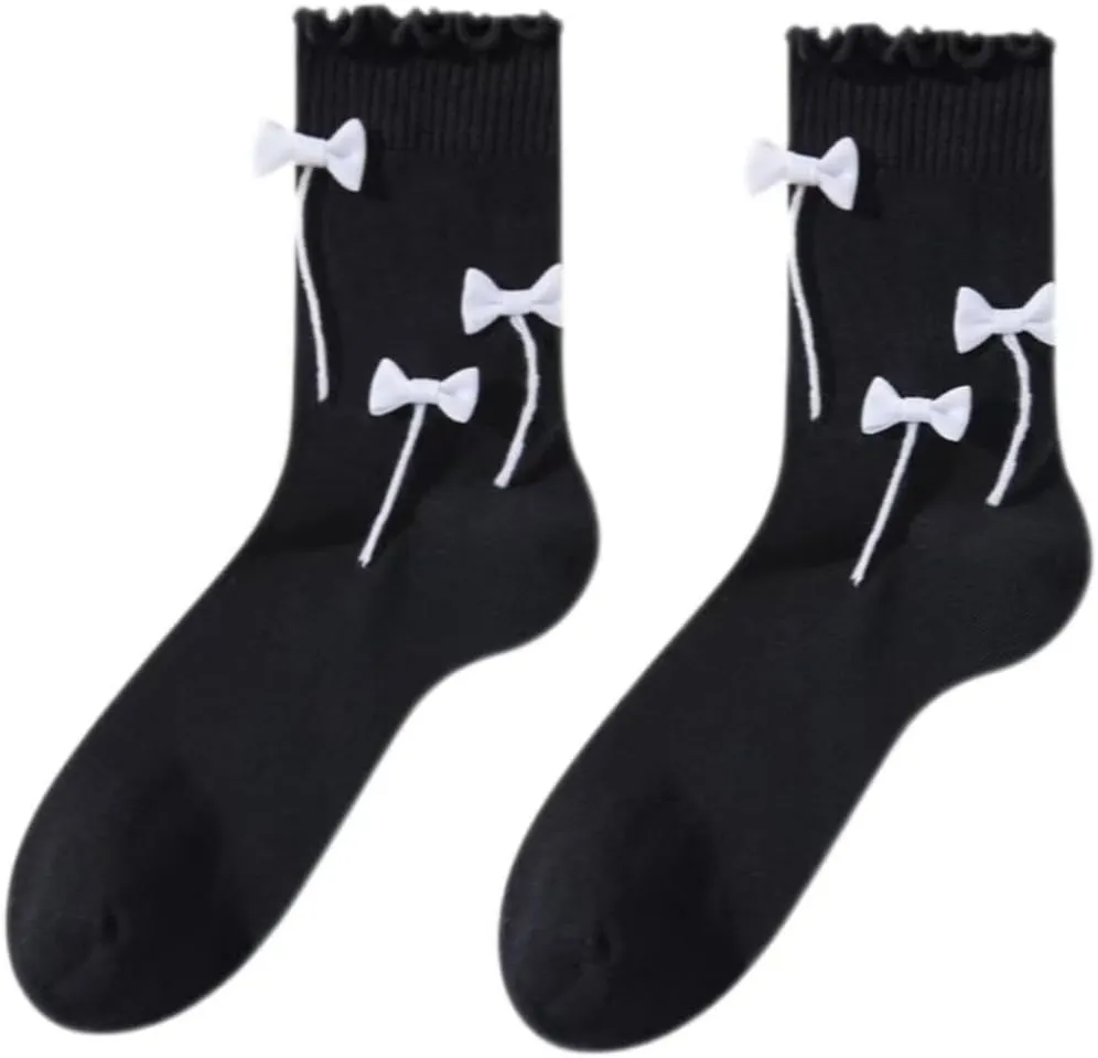 White Bow Crew Socks Women - MIU Style Spring, Summer Cotton Lace Cute 2PAIRS