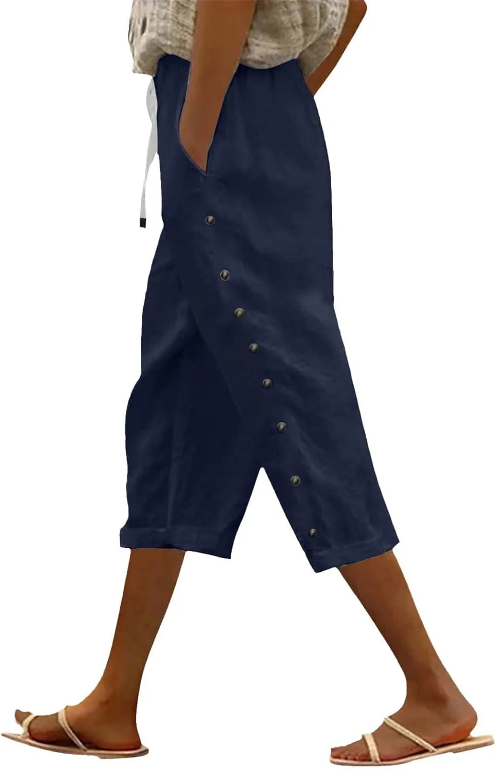 Wide Leg Linen Pants for Women Women Linen Pants Seven Pants Beach Casual Pants Linen High Waist Linen Pants (Navy, M)