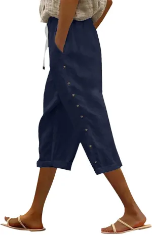 Wide Leg Linen Pants for Women Women Linen Pants Seven Pants Beach Casual Pants Linen High Waist Linen Pants (Navy, M)