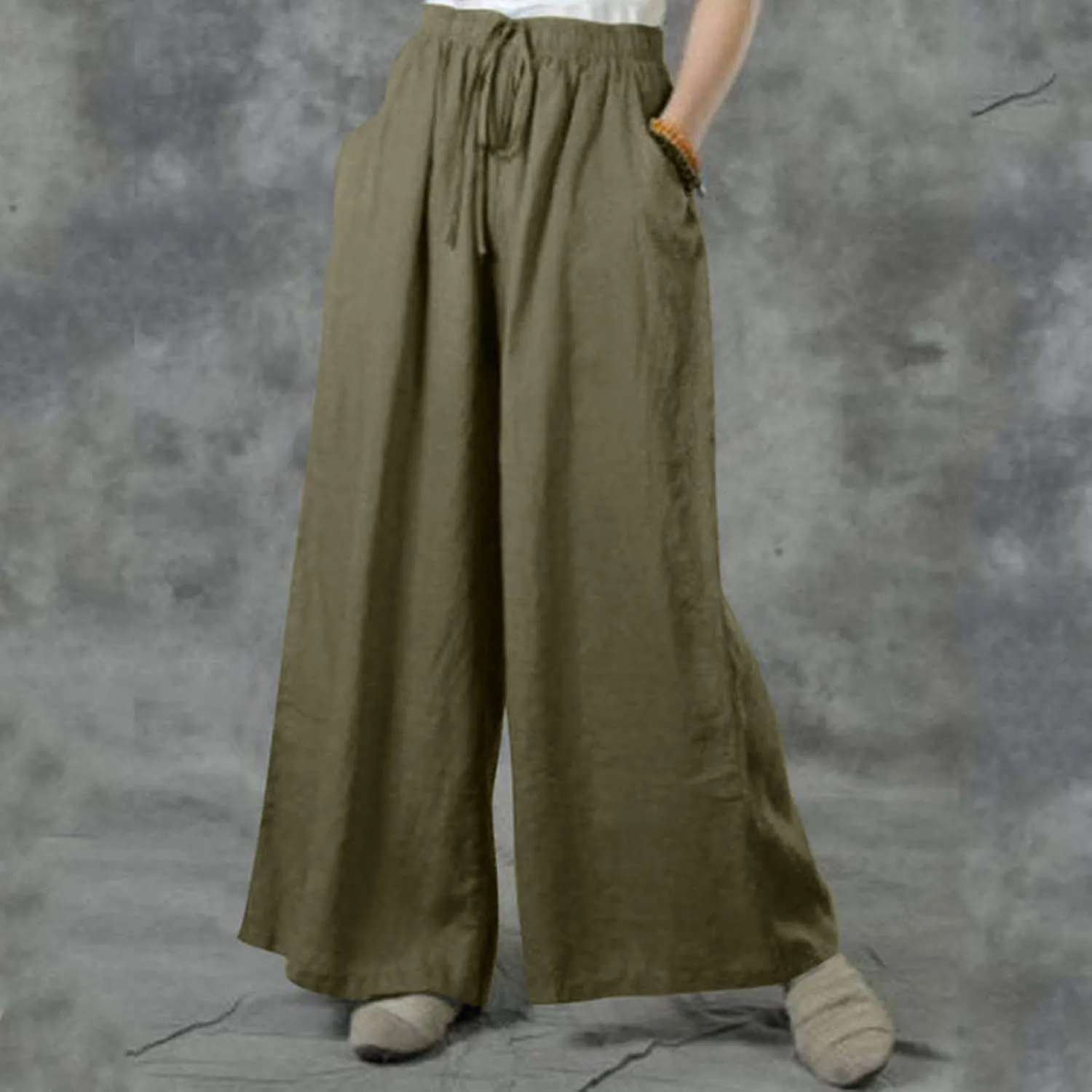 Wide Linen Pants for Women High Waisted Pant Smocked Pleated Loose Fit Casual Trousers Linen Blend Pants